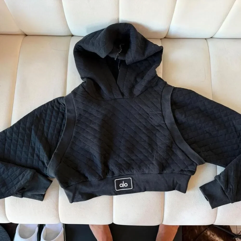 ALO Quilted Cropped Arena Hoodie Black Size XS